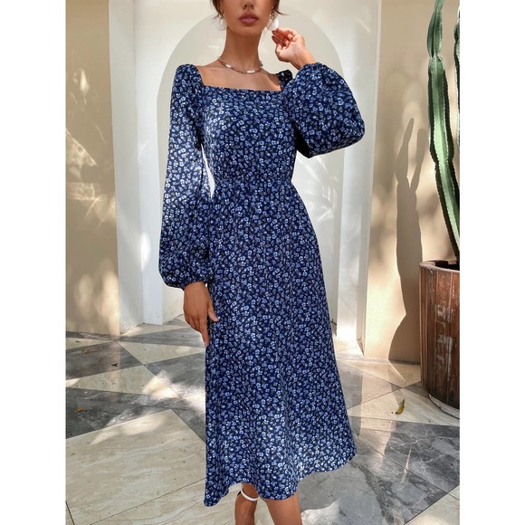 boho Floral print Lace Up backless long sleeve square neck midi Dress blue - Picture 3 of 5